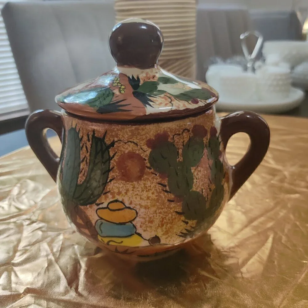 Handpainted covered sugar bowl from Mexico, Vibrant Colors. Safe for food use.